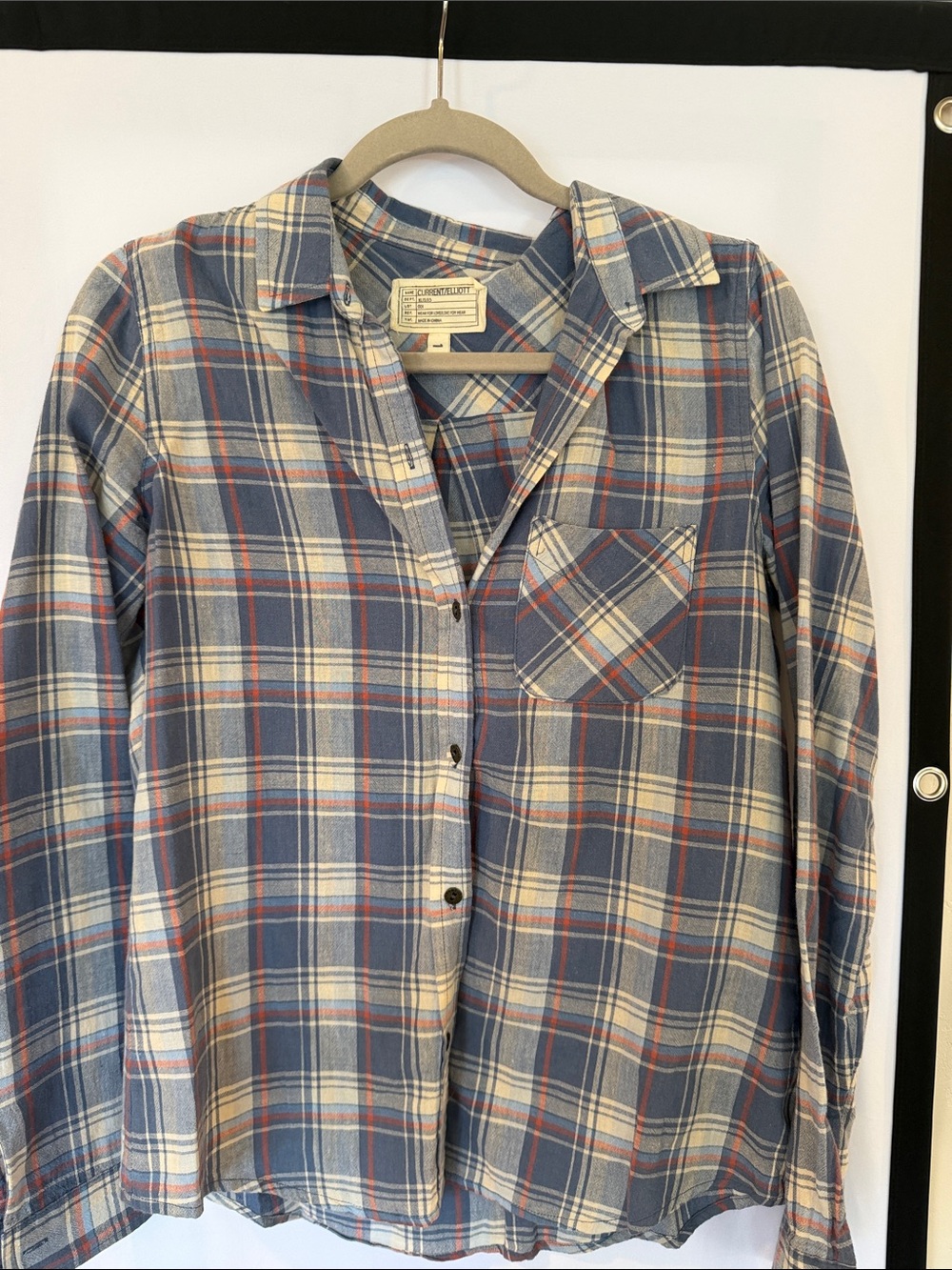 Current/Elliott Blue Plaid Button-Down Shirt with Cream and Red Stripes